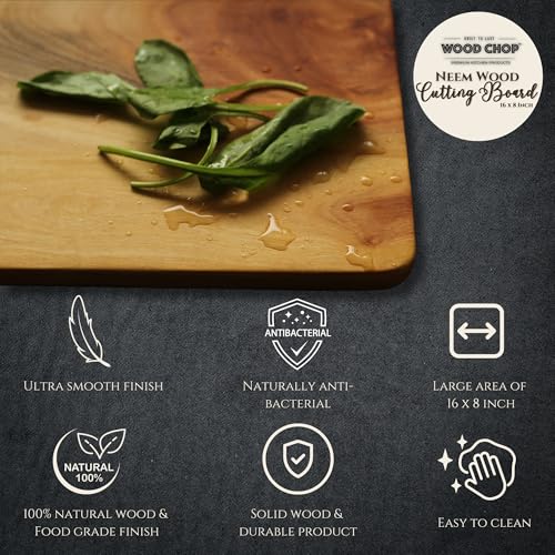 Image of Wood Chop Neem Wood Cutting & Chopping Board | Naturally Anti-Bacterial | Reversible | No Polish, No Dyes | Natural Finish with Mineral Oil | 16 x 8 x 0.5 Inch