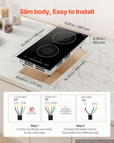 Image of VEVOR Induction Cooktop 12In 2 Burners, Built-in&Countertop Electric Stove, LED Touch & Integrated Control, 9 Power Levels, Easy-Clean Ceramic Glass, Child Lock, 3500W 220V No Plug