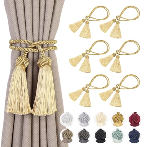 6 Pack Curtain Tiebacks Curtains Tie Back with Tassels- Curtain Holdbacks Tassel Decorative Rope for Towel Bedroom Bathroom Kitchen Home and Office Thin or Sheer Window Drapes Decor-Gold