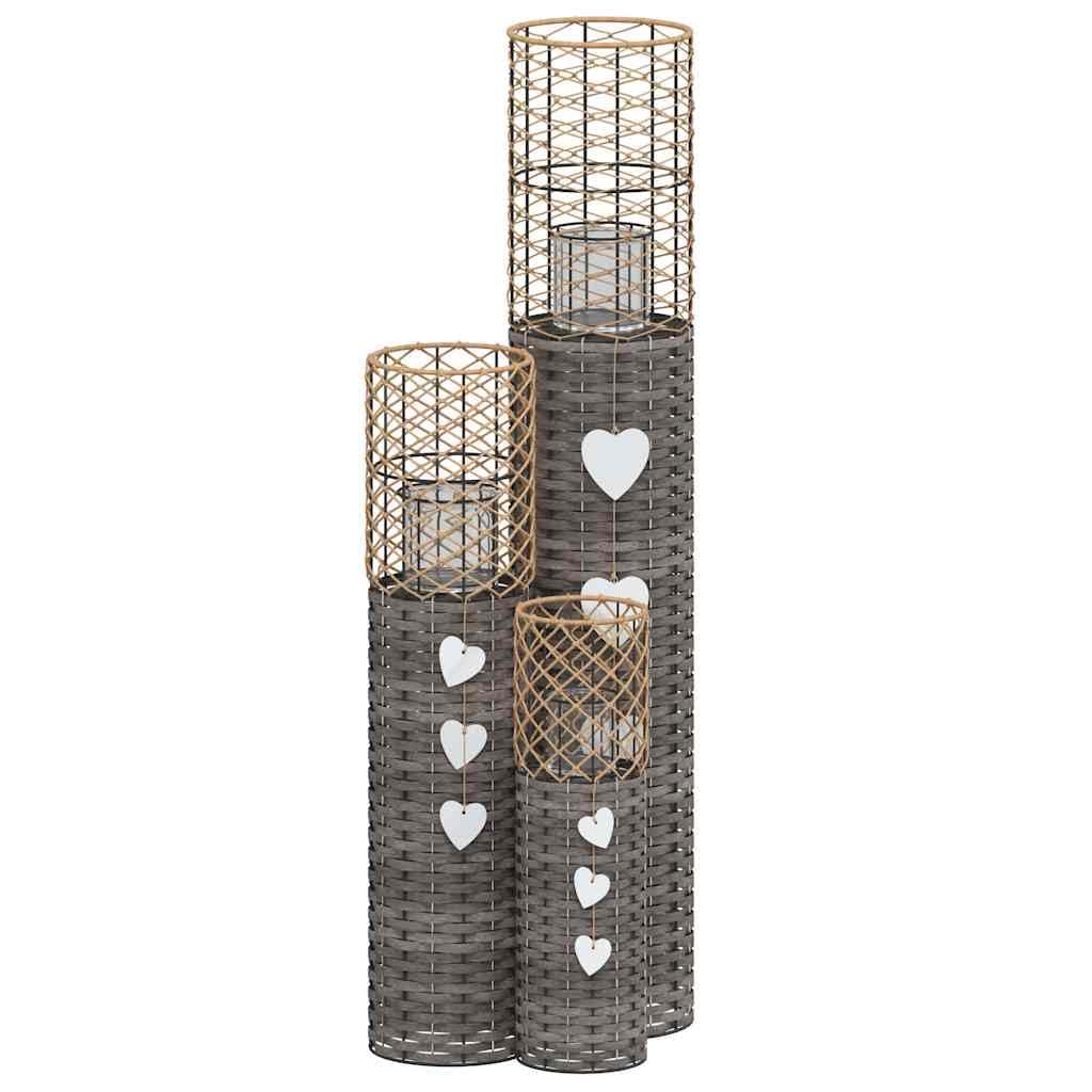 Kerzenhalter Set 3 TLG. Grau aus Korbweide, Dekorative Boden-Laternen für Wohnzimmer und Garten, Windlichter mit Glaseinsatz