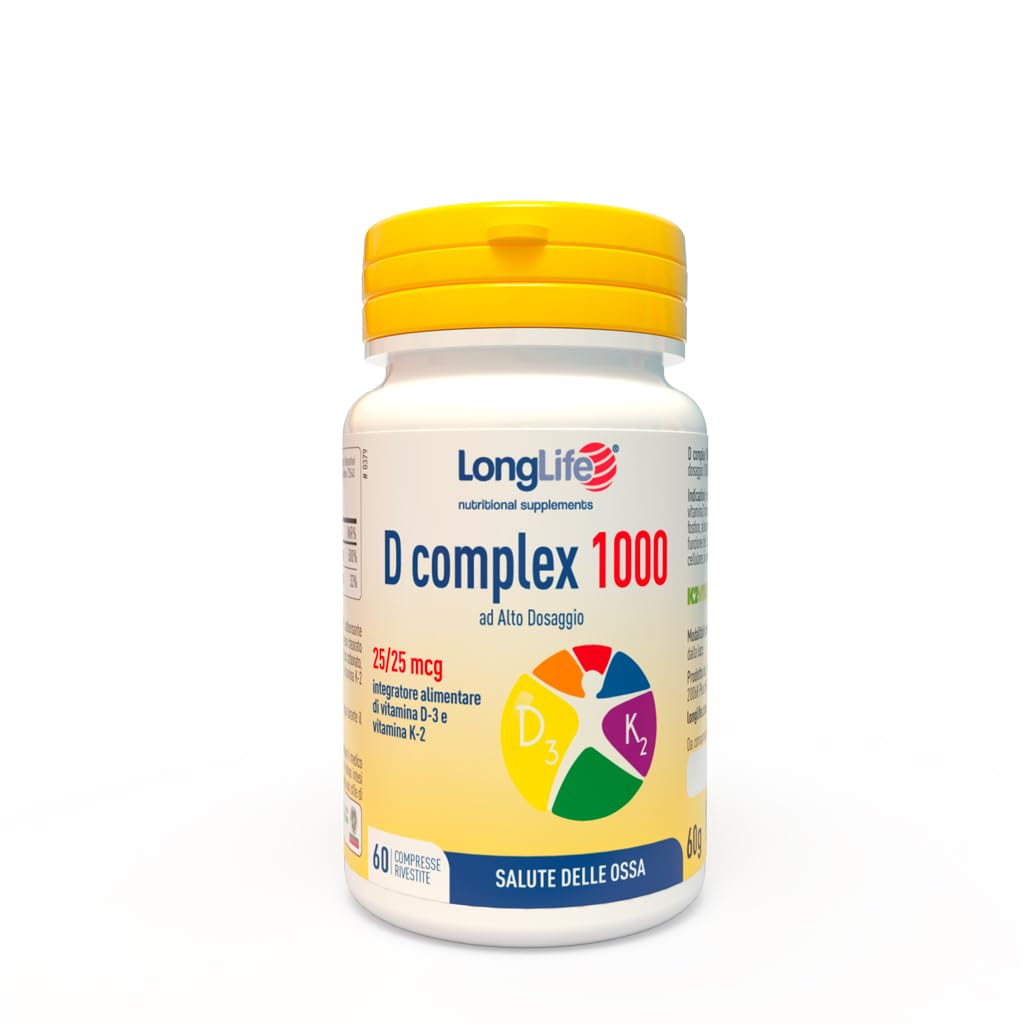 LongLife® D complex 1000 | Integratore vitamina D3 e vitamina K2 naturale | Alto dosaggio | Benessere delle ossa | Difese immunitarie | Fino a 2 mesi di trattamento | Senza glutine e doping free