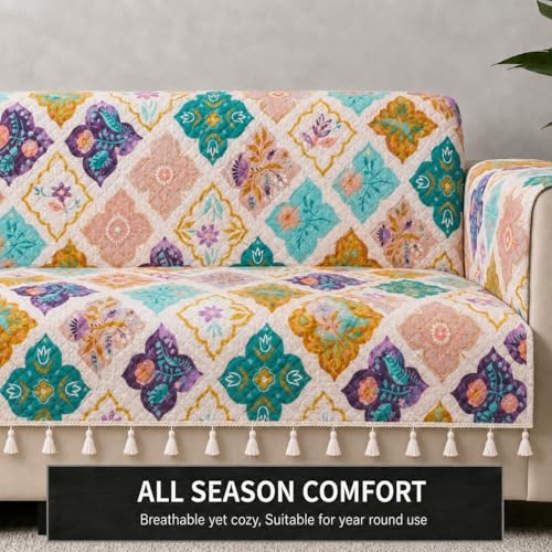 Image of STITCHNEST 'Frostvine Collection' 3 Seater Sofa Cover | Full Coverage with Armrest Pockets | Cotton Quilted Fabric, Decorative Tassels, Washable & Durable for Modern Living