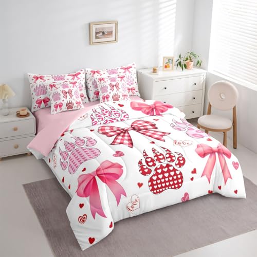 Image of Pink Bow Bedding Sets 7 Pcs Queen Watercolor Grid Bowknot Girly Comforter Set Pink Red Heart Kiss Leopard Paw Print All Season Comforter Flat Sheet Fitted Sheet 2 Pillowcases 2 Throw Pillow Covers