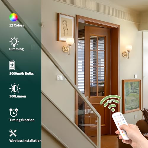 Image of Set of 2 Vintage Battery Operated Wall Sconce, Rechargeable Wall Lamp with 5000mAh Battery & Remote Control, Dimmable Wall Lights with tulip shade for Bedroom Bathroom Living Room, (Tulip White Up)
