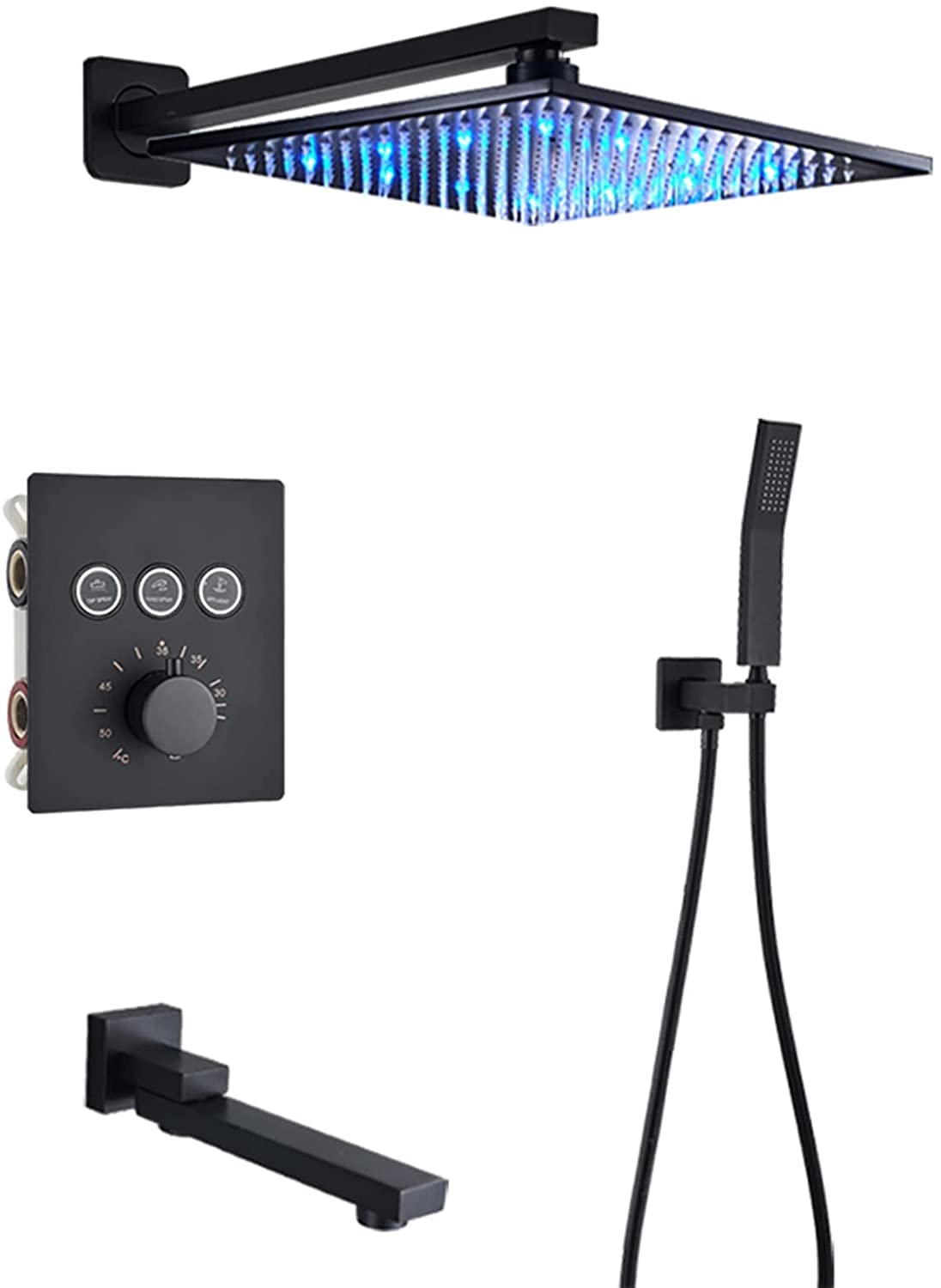 QUSYZD Concealed Shower System LED Thermostatic Shower Faucet Set Matte Black Wall Mounted Anti Scald Shower Set with Hand Shower and Rainfall Shower Head Advanced Air Inje,