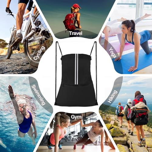 Image of Drawstring Backpack Sports Gym Bag, Draw String Back Bag for Men Women, Lightweight Sackpack with Zipper Pocket, Durable Large Two Tone Black