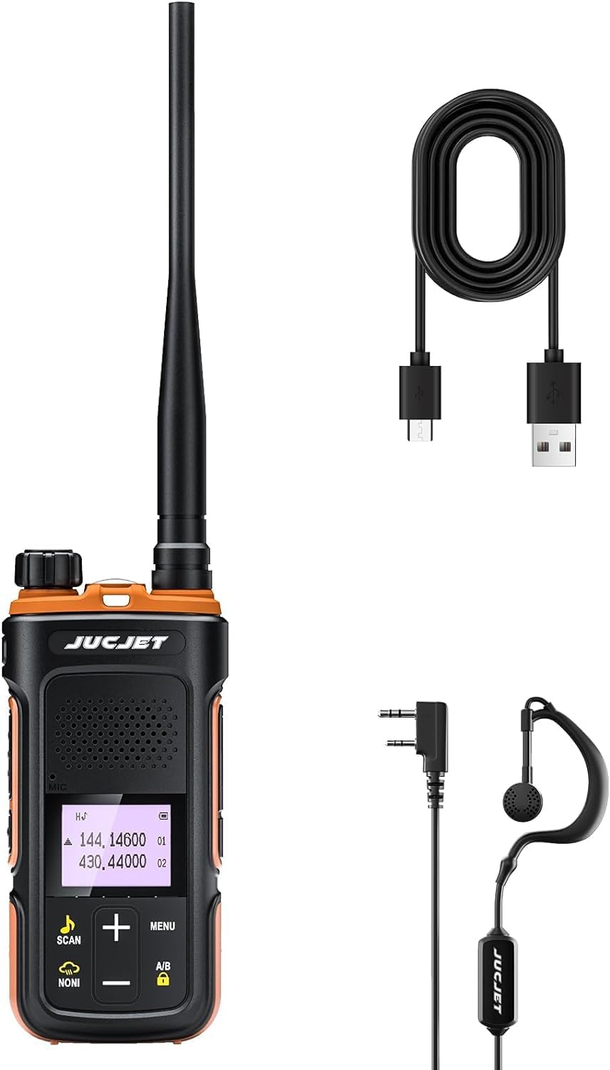 JUCJET p11 walkie Talkies, VHF/UHF Long Range Dual Band Walkie Talkie, LED Display 99 Memory Channel with Rechargable and Radio Function Supports VOX, with USB Charger and Original Earpiece(1 Pcs)