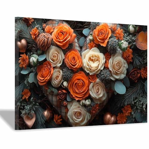 Toile Murale Cœur Fleurs Orange pour Rénover un Mur Terne de Salon ou Ferme Décorative