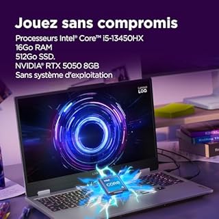 Lenovo LOQ 15IRX10 - Ordinateur Portable Gaming 15.6'' FHD (Intel Core i5-13450HX, RAM 16Go, SSD 512Go, NVIDIA RTX 5060 8GB, sans Système d'Exploitation) Clavier rétroéclairé AZERTY Français - Gris