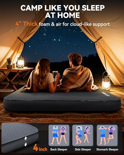 Image of Hikenture 4 inch Thick Self Inflating Sleeping Pad, Foam & Air Camping Mattress