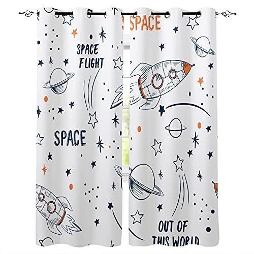 SDSONIU Rocket Flying Cartoon Universum Weltraum weiße Vorhänge Wohnzimmer Schlafzimmer Vorhänge Kinderzimmer Vorhänge Gardinen Wohnzimmer Vorhang Blickdicht Verdunkelungsvorhänge 3D Digitaldruck 140