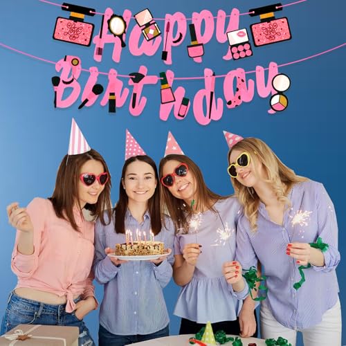 Image of Rozi Decoration Happy Birthday Makeup Banner Set of 1 Pcs | Happy Birthday Banner Girl Makeup | Happy Birthday Pink Banner | Makeup Theme Birthday Party Decorations | Makeup Theme Birthday Party