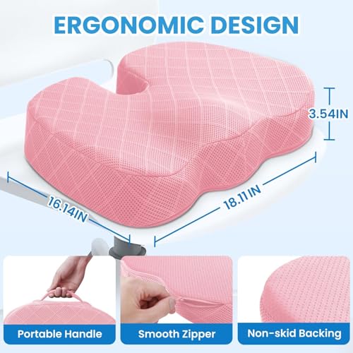 Image of TushGuard Office /Car Seat Cushion, Non-Slip Sciatica & Back Coccyx Tailbone Pain Relief Chair Pad, Memory Foam Butt Pillow for Computer Desk, Wheelchair, Driving (Pink, X-Large)