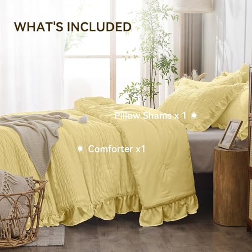 Image of JOLLYVOGUE Light Yellow Twin /Twin XL Comforter Set, 2 Pieces Seersucker Lightweight Fluffy Bedding Set, Twin Ruffle Comforter, All Season Soft Microfiber Shabby Chic Bed Set
