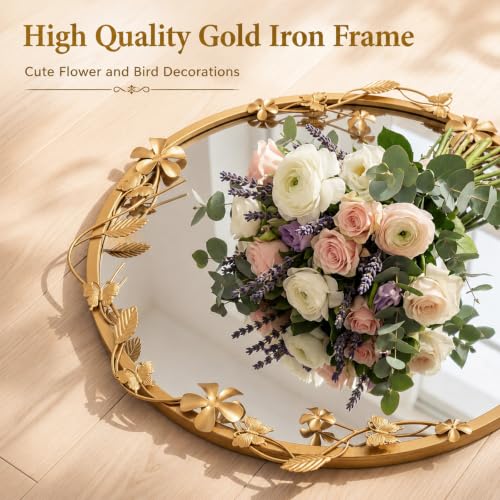 Image of Huwena 24 Inch Round Gold Mirror, Ornate Floral Butterfly Frame Wall Mirror