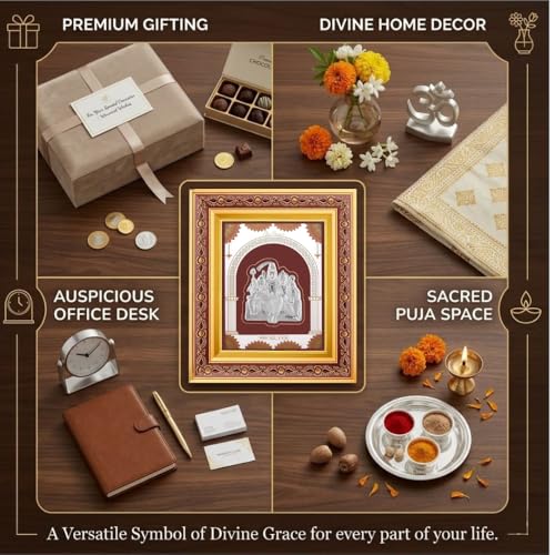 Image of 999Pure Silver Shivparivar Frame | Divine Home Decor | Wall Mount Square Photo for Gift, Wooden PhotoFrame for Temple & OfficeDecor, SilverGift Items | hangingframe (10.50 inch x 9 inch Inch)
