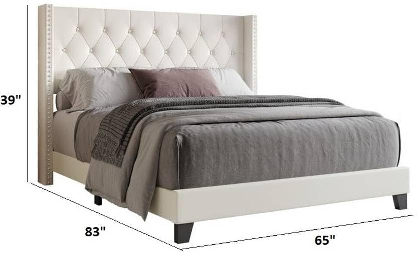 Image of Custom Decor Fabric Upholstered King Size Bed with Button Tufted Headboard for Bedroom || Solid Wood Bed | (White Cassius, King (U.K. Standard))