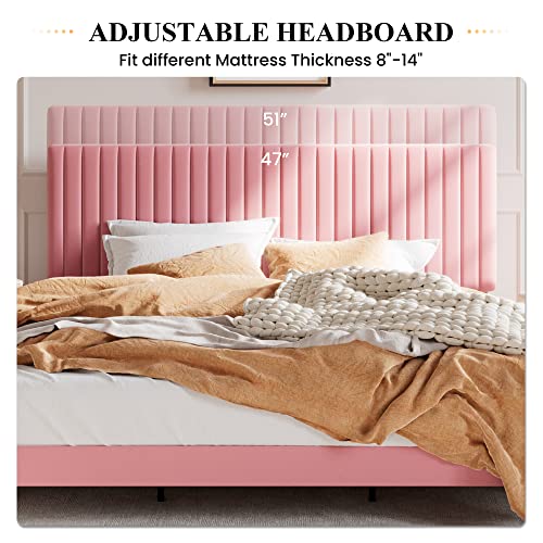 Image of SHA CERLIN King Upholstered Platform Bed Frame with Adjustable Headboard /Vertical Channel Tufted Velvet Fabric /Wooden Slats Support /Mattress Foundation /Box Spring Optional /Pink