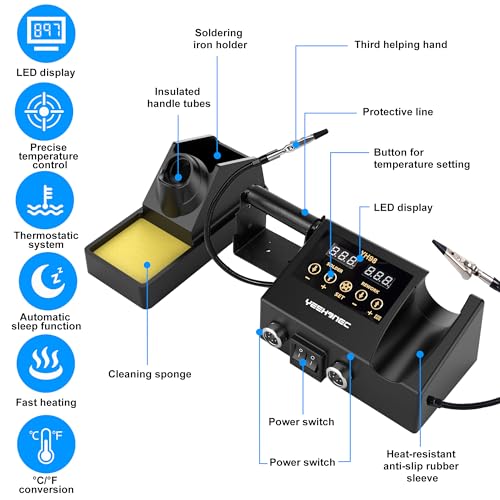 YEEHONEC 600W 2 in 1 Lötstation, Lötkolben + Heißluftpistole, LED-Anzeige, einstellbare Temperatur 100-500°C, °C/°F-Umrechnung, Temperaturkalibrierung und Sleep-Funktion