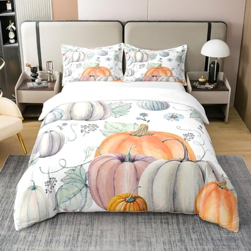 Pumpkin 100% Cotton Duvet Cover King,Farmhouse Harvest Thanksgiving Comforter Cover,Rustic