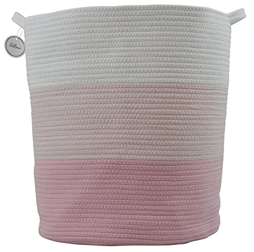 Image of Cotton Rope Basket for Storage and Organization in Baby Nursery or Kids Room | Extra Large 18” x 16” Decorative Laundry Hamper, Organizer for Blankets, Towels, Toys, Books | Pink/White