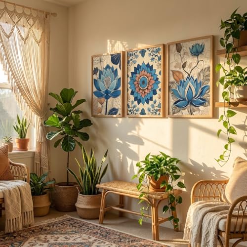 Image of Livin'luxe Set of 3 Blue Lotus Floral Wall Paintings for Living Room Bedroom Home Decor, Textured Artwork with Premium Wooden Color Synthetic Frame (25.5 x 19.5 Inch) NM03-53