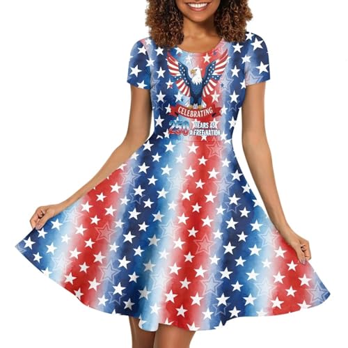 Image of POLERO 4th of July Dresses for Women 250th Anniversary American Eagle Dress Short Sleeve Red White and Blue Outfits Vintage Midi Length Work Parties Wear L