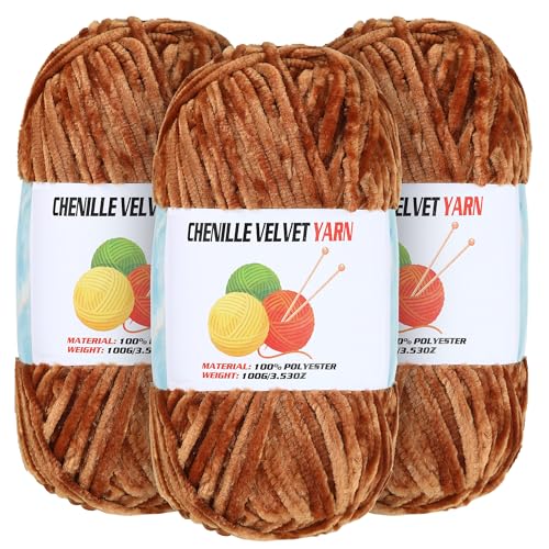 Image of 3 * 100g Velvet Chenille Chunky Yarn for Crocheting, Handcrafts Weaving Soft Chenille Yarn for Crocheting Clearance, Used for Making Baby Yarns Blanket, Clothes, Knitting Creations (Coffee)