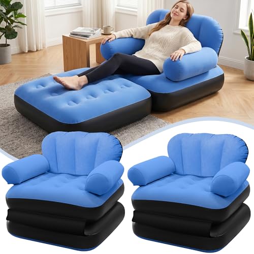 PRAXXIS Blow Up Pull Out Couch with Headboard Inflatable Chair with Flocked Surface Folding Inflatable Chairs for Adult Portable Inflatable Sofa Durable Inflatable Couch for Camping-2pcs