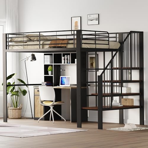 Letto a soppalco 2 posti con ampio spazio di archiviazione, letto a soppalco haunt metry 140x200 per bambini e adulti, letto matrimoniale 140x200 con barriera di sicurezza, telaio letto nero (senza