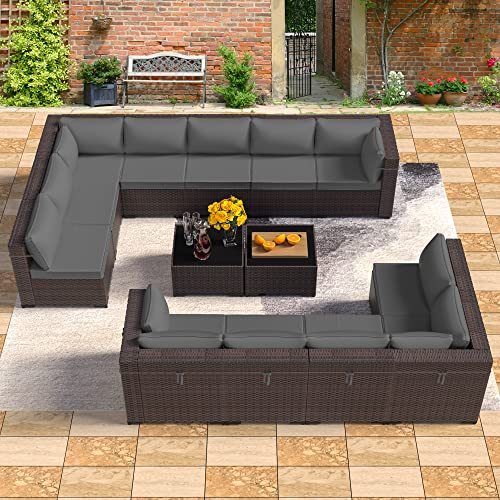Image of 14 Pieces Outdoor Patio Furniture Set,Outdoor Sectional Furniture All Weather PE Rattan Wicker Patio Conversation Set with 2 Coffee Tables and 12 Thickened Cushions,Grey