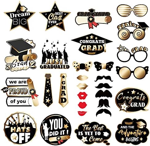Graduation Photo Booth Props 2023 - Pack of 30, Graduation Props 2023 for Photoshoot | Graduation Photo Props | Black and Gold Graduation Party Decorations 2023 | Photo Booth Props Graduation Décor