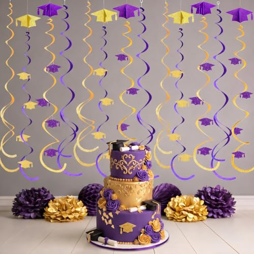Image of 24Pcs Purple Gold Graduation Grad Cap Hanging Felt Swirl Streamer Spiral Ceiling Garland for Congrats Grad You Did It Class of 2026 We are So Proud of You I'm Done Themed Party Decorations Supplies