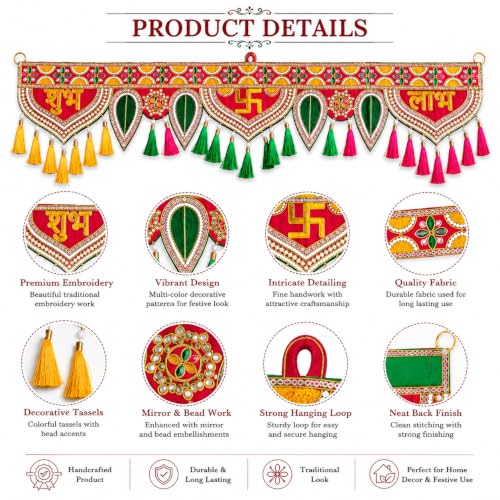 Image of ONESTA Handcrafted Shubh Labh Door Toran Bandhanwar with Swastik & Mirror Work | Traditional Main Door Hanging with Tassels | Decorative Toran for Diwali Pooja Temple Griha Pravesh & Home Entrance (3 Feet Size 36 Inch Pack 01)
