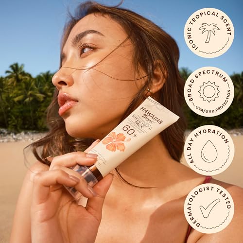 Image of Hawaiian Tropic Sheer Touch Face Sunscreen Lotion SPF 60, 2.5 Fl Oz | Hyaluronic acid sunblock, Travel size sunscreen for face, Radiant finish, Layers under makeup, Broad spectrum protection
