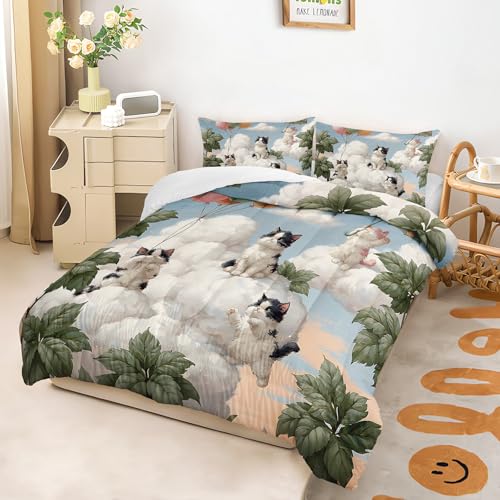 Image of AILONEN Kitten Cloud Comforter Full Size 3-Piece Whimsical Flying Cats Bedding Set Teens Bedroom Decor Dreamy Blue Sky Quilt Colorful Balloons Leaves Animal Soft Microfiber Coverlet