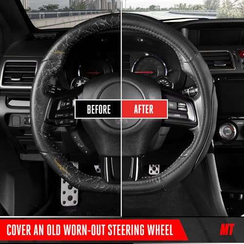 Image of Motor Trend Stealth D-Shaped Steering Wheel Cover - Premium Flat Bottom Car Steering Wheel Cover, Black Faux Leather Sterring Wheel Cover, Standard 15 inch