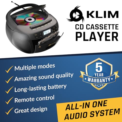 Image of KLIM CD Player & Cassette Tape Player, Bluetooth Boombox, AM /FM Radio, Stereo Sound, Remote, CD and Cassette Combo, Tape Recording, USB Drive, AUX, AC /DC Powered