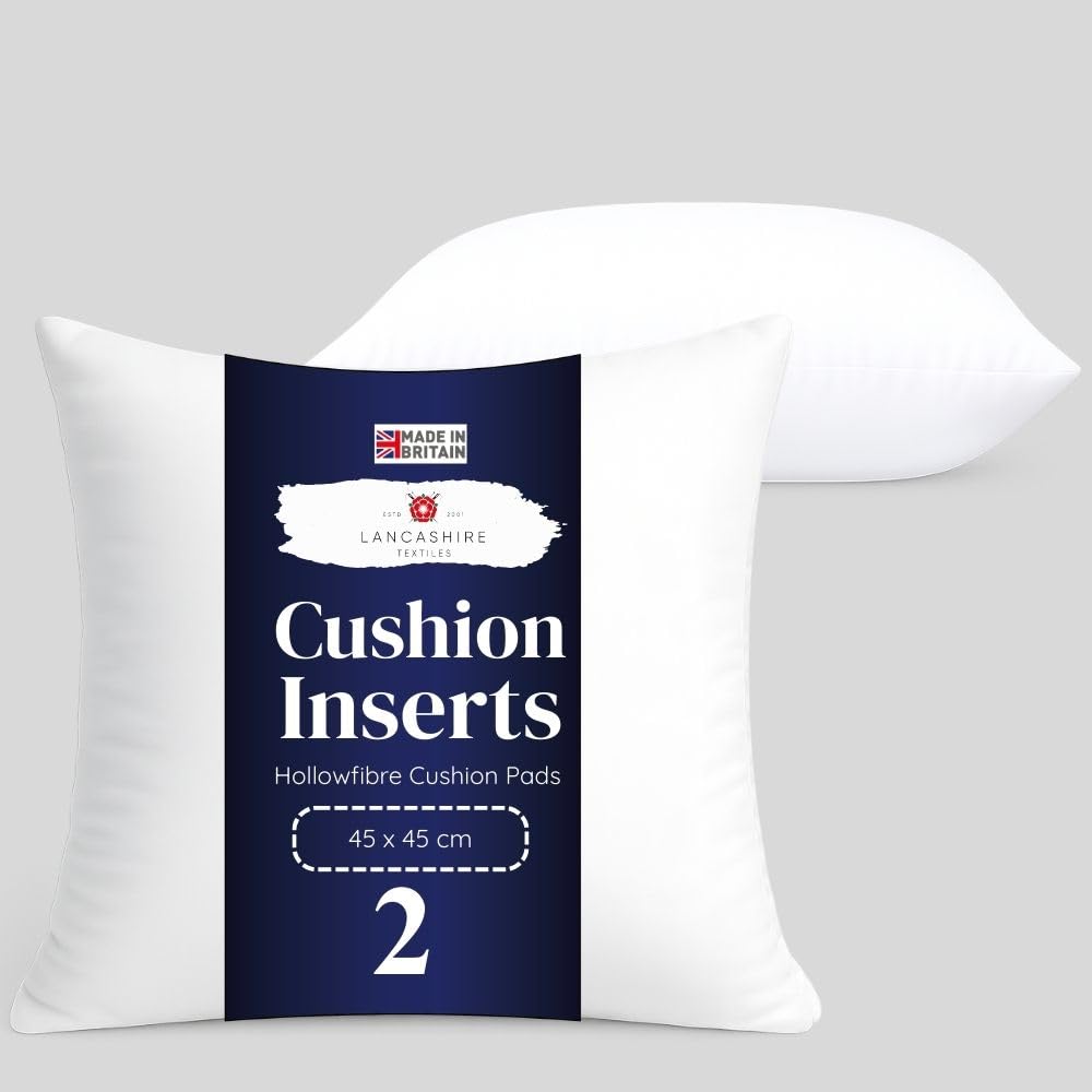 Lancashire Textiles 2 Pack 18" x 18” (45 x 45cm) Quality Microfibre Super Bounce Fibre Cushion Pads Made in Britain with Our Luxury Hollowfibre Filling
