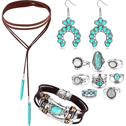 ADRAMATA 12Pcs Turquoise Jewellery Set, Boho Turquoise Necklace,Faux Leather Layered Turquoise Bracelet, Vintage Turquoise Rings, Dangle Turquoise Earrings Boho Jewellery for Women Cover