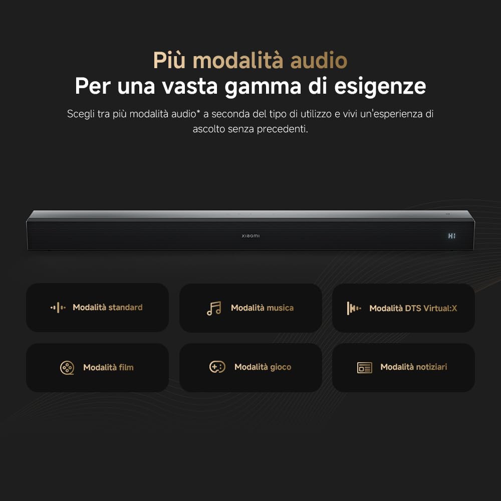 XIAOMI Soundbar Pro 2.1ch, Soundbar TV Max 300W con bassi potenti e subwoofer wireless esterno, supporta Dolby Audio™ e DTS Virtual:X, HDMI ARC/ottico/coassiale/Bluetooth, telecomando
