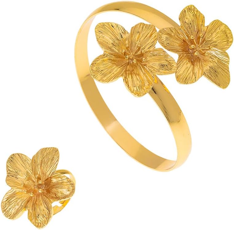 Gold Hibiscus Flowers Open Rings Bracelet for Women Dainty Statement Textured Floral Ring Cuff Bangle Jewelry Set Gift Charm Party Costume Accessories