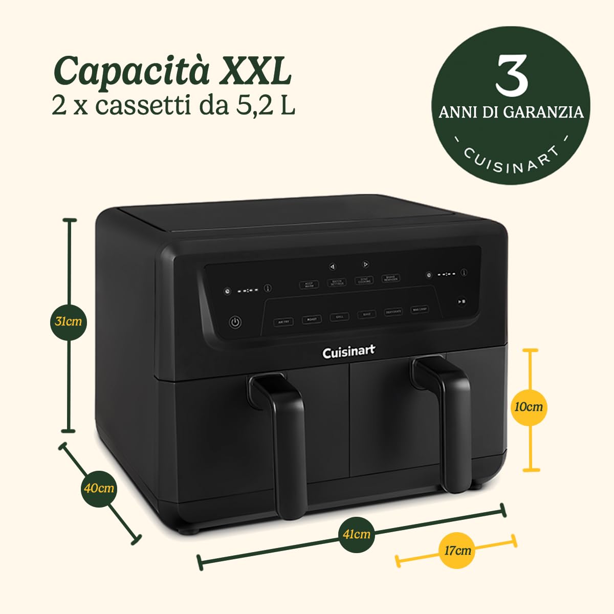 Cuisinart Air Fryer XXL Zona Doppia | Senza PFAS | Frigge, arrostisce, griglia, cuoce, disidrata | Doppio friggitrice ad aria doppio cestello 2x5,2L, oltre 8 porzioni | Parti lavabili in lavastoviglie - Vista 9