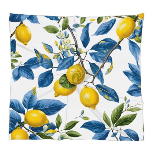 Summer Lemon Blue Leaves Square Silk Scarf for Women, 23.6