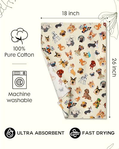 Image of Miss Adola 150GSM Flour Sack Kitchen Towels Set of 2, Dog Lovers | 18 inchx26 inch, Lightweight, Lint-Free, Pure Cotton, Decorative, with Hanging Loop, Absorbent, Softer after Wash, Giftable Package
