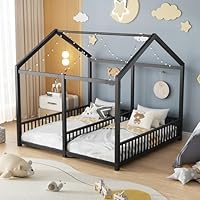 PVWIIK Double Montessori Floor Bed with Fence & Roof for Two Kids Teens Boys Girls,Twin Floor Bed,Easy Assemble,No Box Spring Needed, Black