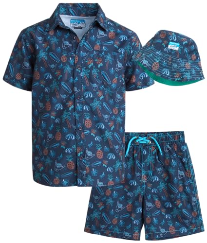 Image of Beach Bros. Boys Shorts Set - 3 Piece Button Down Hawaiian Shirt Swim Trunks & Bucket Hat - Boys Summer Shorts Outfit