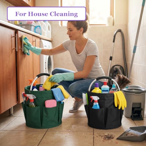 Image of 2PCS Cleaning Caddy, 17L Collapsible Cleaning Supply Caddy with Handle, Foldable Tool Bucket Organizer with Outer Pockets, Storage Basket for Travel, Housekeeping, RV, Green + Black