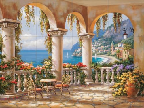 Ceramic Backsplash Tile Mural Water View Landscape Overlooking Water Kitchen/Bathroom/Shower - Terrace Arch I - Sung Kim