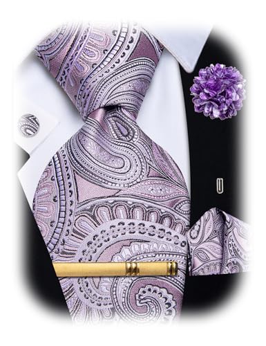 Image of YourTies Silk Paisley Floral Tie and Pocket Square Cufflinks with Lapel Pin Sets for Men 5PC Wedding Party